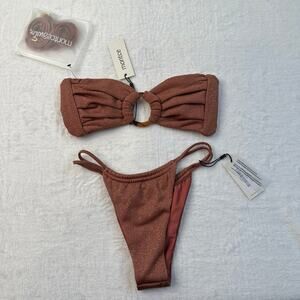 Montce Mauve Sparkle Tori Ties Bandeau Top Brasil Bikini Bottoms Extra Small XS